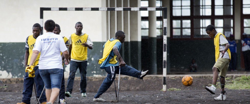 Children with disabilities play the first game during the launching of a new soccer school in Goma’s Don Bosco college, the 24th of April 2014.